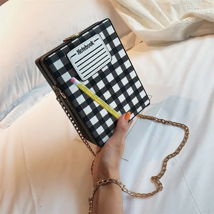 

Plaid Notepad Design Box Style Embroidered Pencil Pu Leather Female Casual Clutch Chain Purse Shoulder Bag Mini Messenger Bag