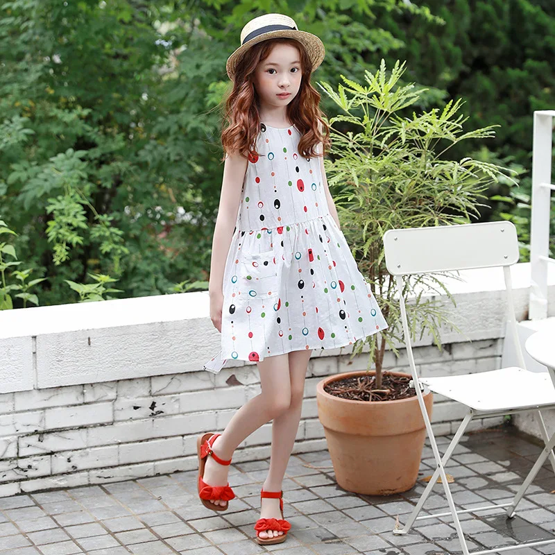 

New Korean Style Girls Summer Dress Cute O-neck Sleeveless Small Dot Pattern Dress White Cotton Big Girls Leisure Holiday Dress