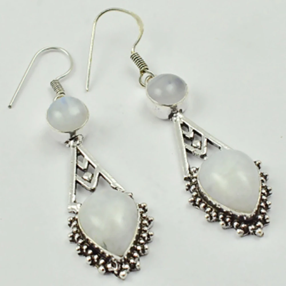 

Rainbow Moonstone Earrings Silver Overlay over Copper, Total Length 65mm , E2828