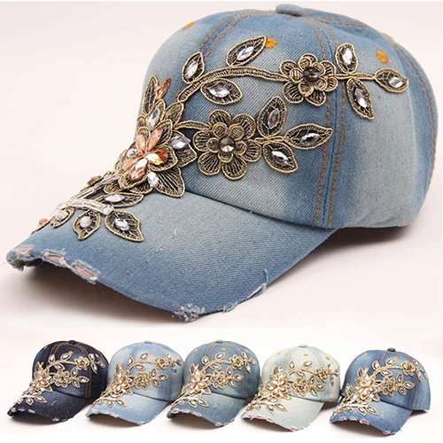 Women's Embossing Flower Denim Baseball Cap Summer Rhinestone Inlaid Jeans Hatin Women's