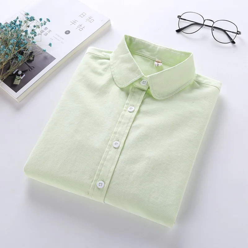Ih Женская хлопковая однотонная Повседневная Блузка с длинным рукавом, элегантные офисные женские рубашки для работы, новинка, весна-осень, Свободный Топ размера плюс - Цвет: 0894-green