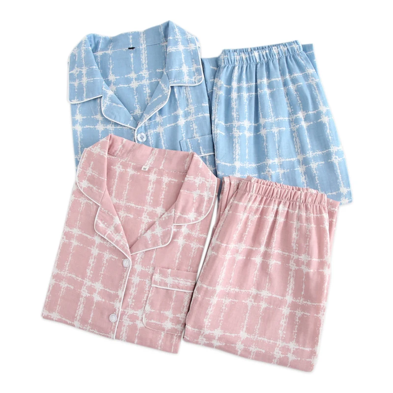 

2019 Couples pajamas sets women 100% gauze cotton summer fashion striated simple pijamas women indoor homewear pijamas mujer