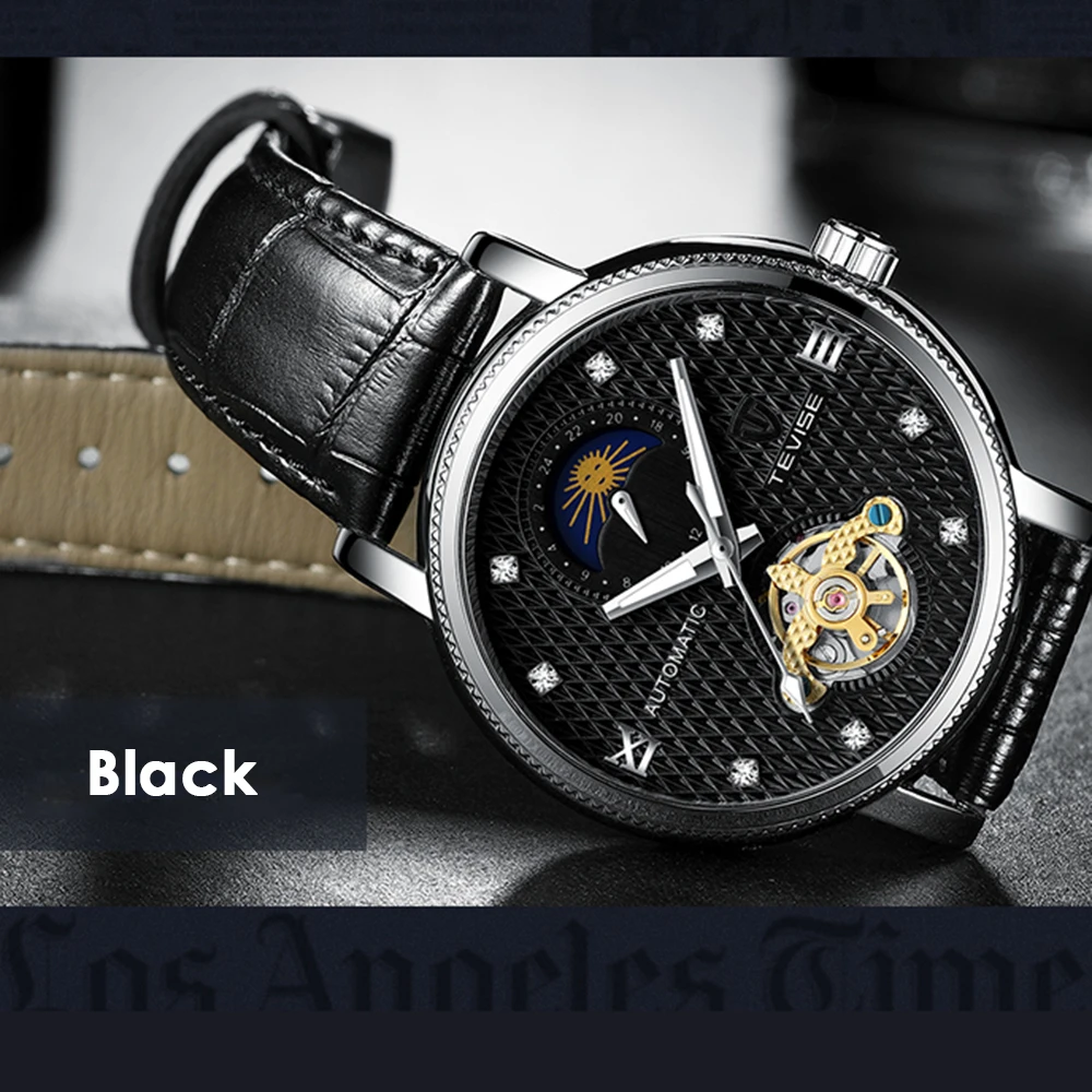 TEVISE мужские s часы Moon phase Tourbillon повседневные часы, кожа спортивные мужские наручные часы Relogio Masculino