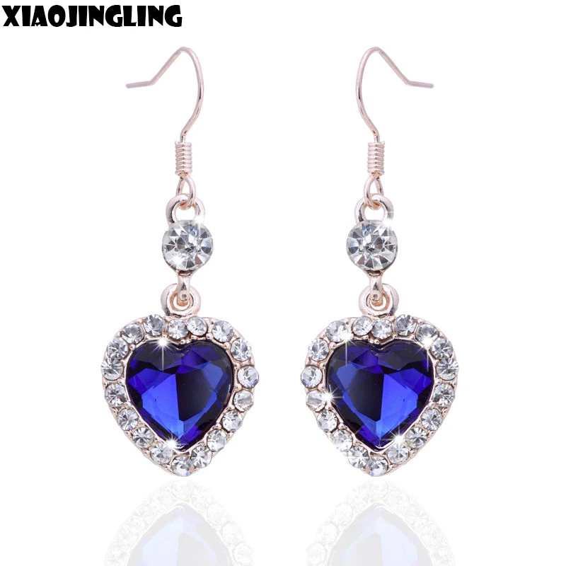 

XIAOJINGLING Classic Crystal Alloy Love Blue Rhinestone Heart of Ocean Drop Earrings Dangle for Women Girl Fashion Jewelry Gifts