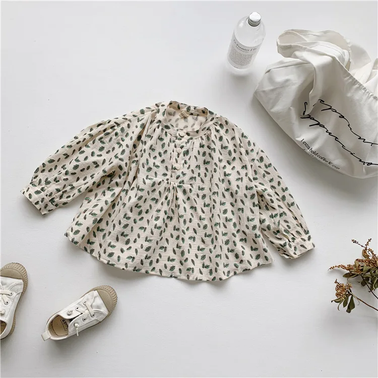 

New Girl Shirts 2019 Autumn New Fashion Leaves Pattern Printed Baby Girls Blouses Cute Long Sleeve Ruffle Tops Kids Clothes