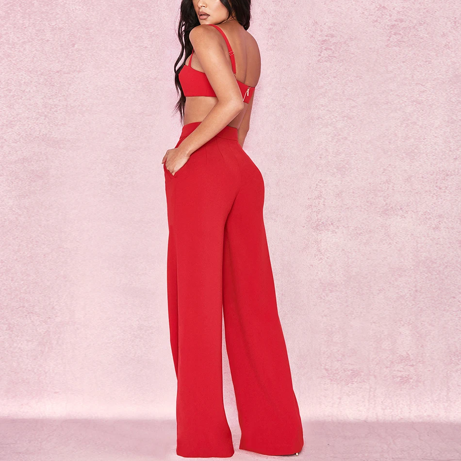 Летние новые женские красные топы и брюки 2 шт брюки вечернее платье спагетти с знаменитостями вечерние комплекты оптом