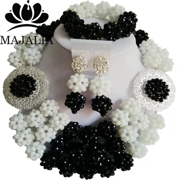 

Trendy Nigeria Wedding white and black african beads jewelry set crystal necklace bracelet earrings Free shipping Majalia-125