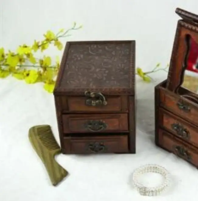 Copper Statue Classic antiquity belt mirror wooden jewel box dressing box compound desktop storage box 3