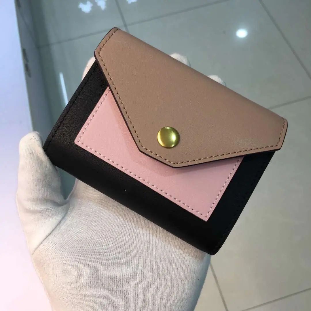 Color matching envelope wallet short three fold ladies wallet color matching color short leather leather small handbag new