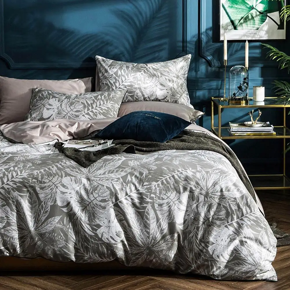 

2019 Simple Grey Leaves Duvet Cover Set Luxury Egyptian Cotton Fabric Bedlinens Queen Size Bedding Set Bedsheet Bedspread
