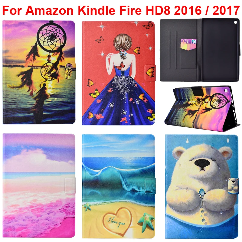 

Stand Case For Amazon KindleFire HD8 2016 2017 Cover Bag Skin For Kindle Fire HD 8 2017 Holder With Girl Bear Color Sea Printing