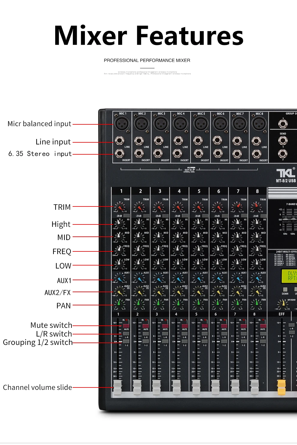 TKL контрольно-8-канальный цифровой Mixer Профессиональное аудио микшерная реверберации и Bluetooth 2USB DJ смесители