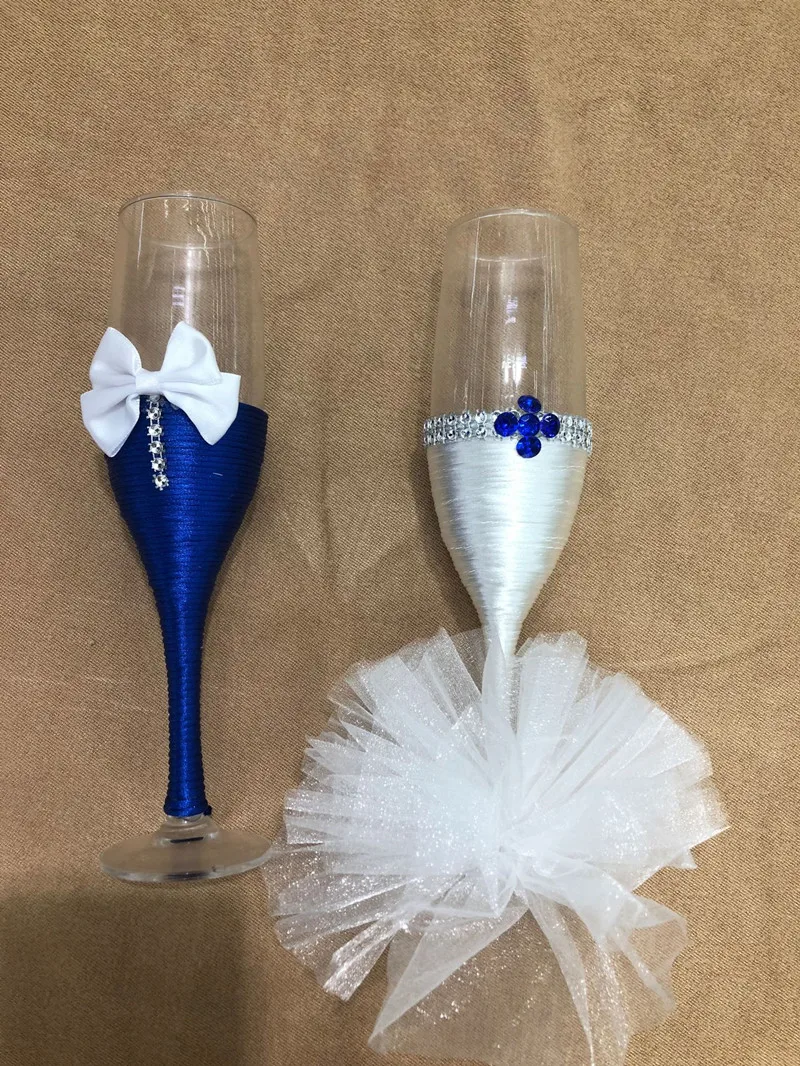 Conjunto de copas de champán para de boda, Juego de vasos de tostado lazo azul y blanco, 1 par/lote, novedad - AliExpress Hogar y jardín