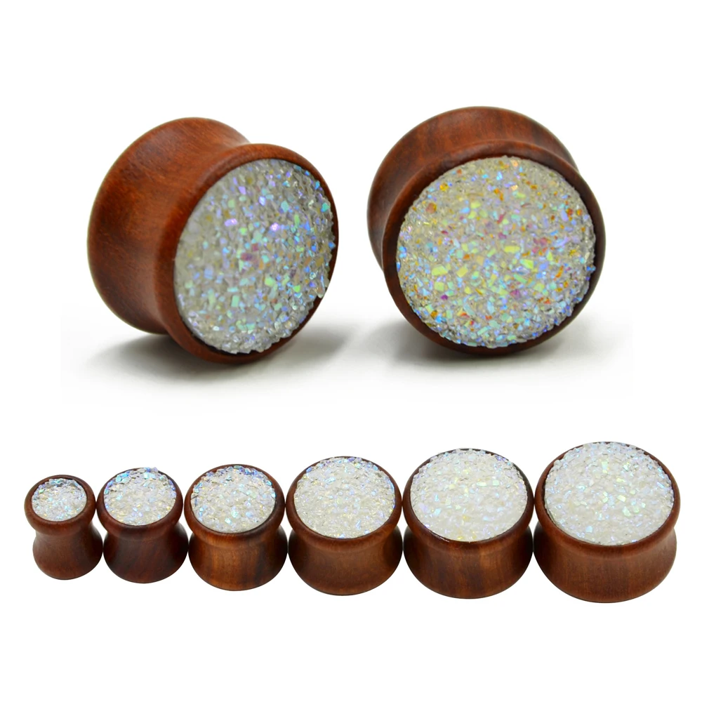 

Synthetic Druzy Mineral Stone Double Flared Saddle Ear Gauge Wood Flesh Tunnel Plug Piercing Body Jewelry Expanders