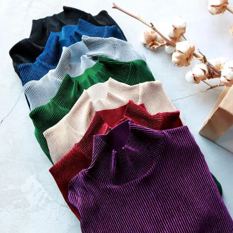 

Women T shirt Vintage Female T-shirt T-shirts Korean Tee Tops 2017 New Velour Turtle Neck Long Sleeve Women T Shirts 2019 New