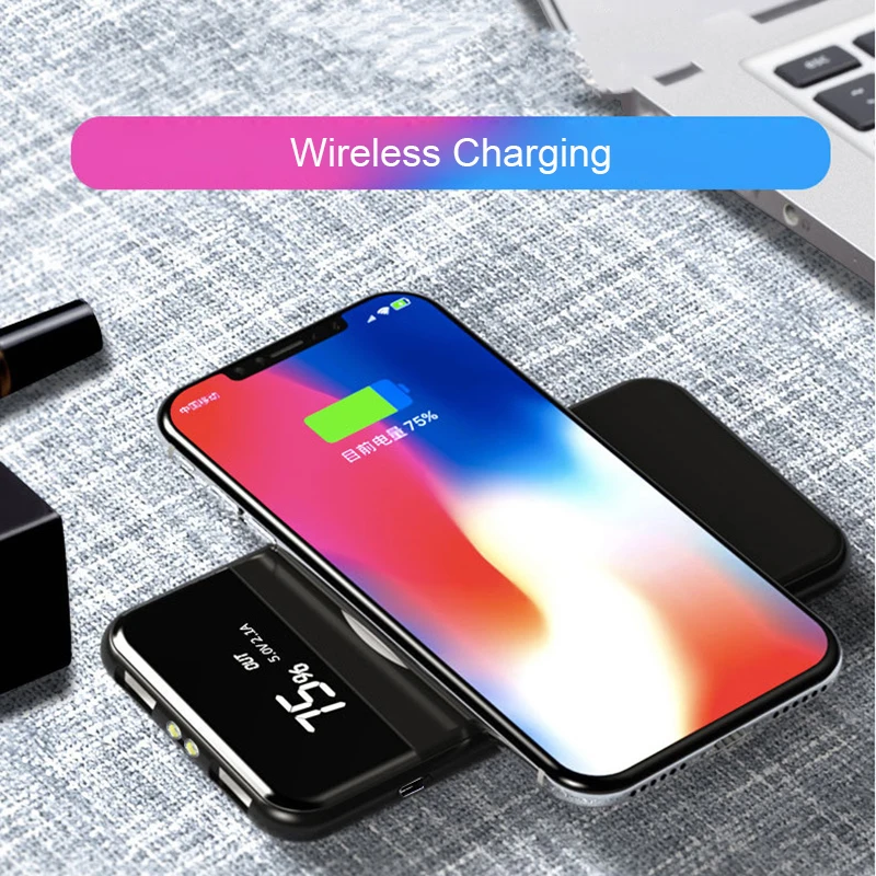10000mAh Wireless Charging Dual USB Power Bank Wireless Charger Poverbank Battery External Portable with LED Light for Phones