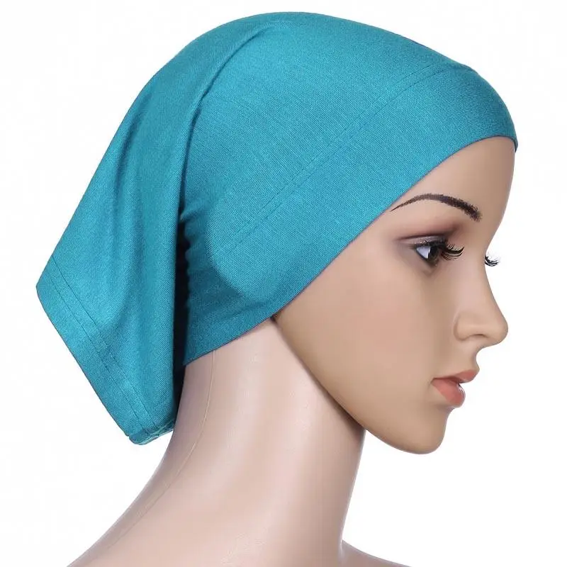 Мусульманский женский платок на голову хлопок подшарф стрейч хиджаб покрывало головной платок подшарф шапка шаль исламский шарф внутренняя повязка на голову, берет - Цвет: lake blue