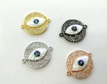 

Free ship--22mm CZ Micro Pave Round Disc Evil Eye Connector With Abalone Pearl Shell,Cubic Zirconia CZ Spacer Connetor 4pcs