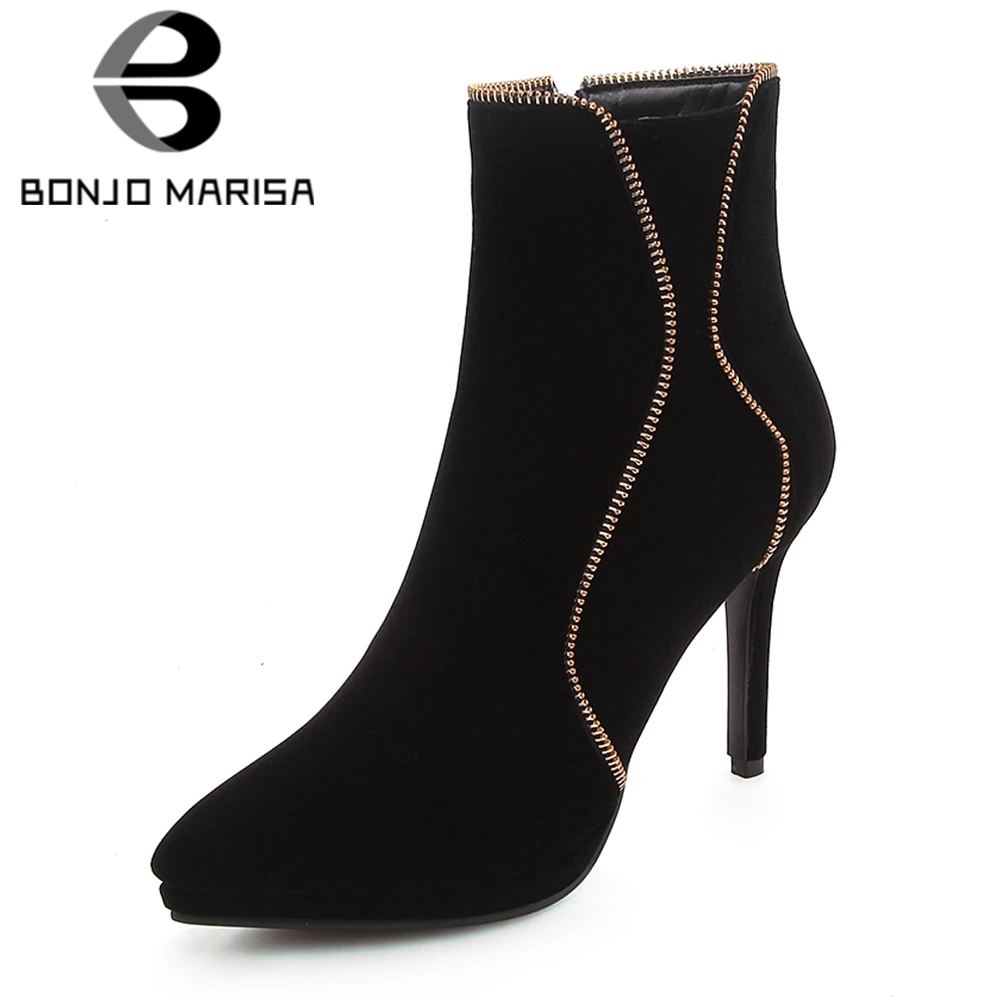 

BONJOMARISA Women Faux Suede Quality Ankle Boots Thin High Heel Shoes Woman Pointed Toe Zipper Closure Black Red Botas Mujer