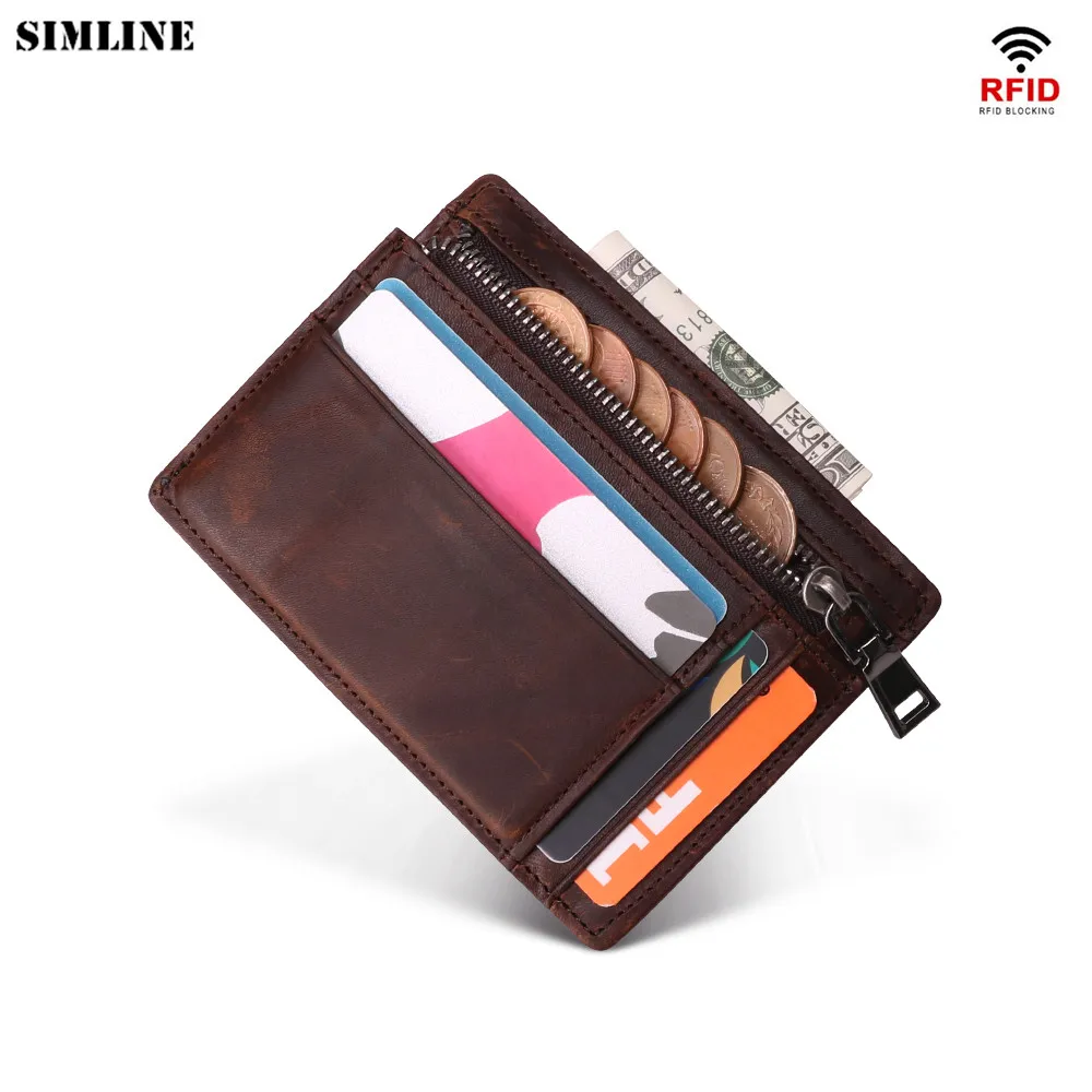 

Genuine Leather ID Credit Card Holder For Men Rfid Vintage Short Small Multi Function Minimalist Wallet With Zipper Coin Pocket