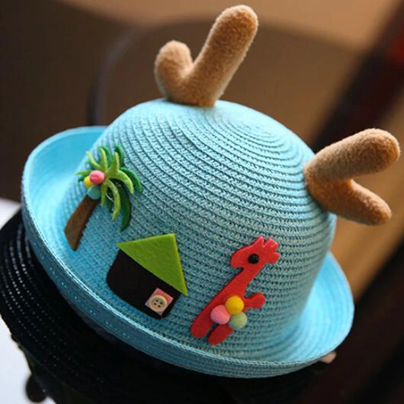 Kids Summer Straw Hat Cute Cartoon Pattern Antler Sunshade Solid Color Beach Hats Sun Protection Short Brim Children Travel Cap2