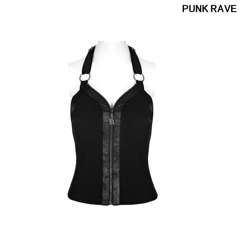 

Fashion Crack PU Leather Women camisole Gothic Simple All-match Adjustable Button on The Shoulder Vest PUNK RAVE WT-503