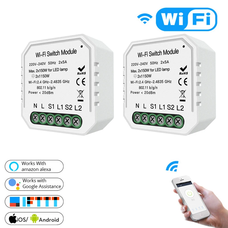 Wifi умный светильник-переключатель Diy выключатель модуль Smart Life/приложение Tuya дистанционное управление, работа с Alexa Echo Google Home 2 банда 2 способ - Цвет: 2 PCS