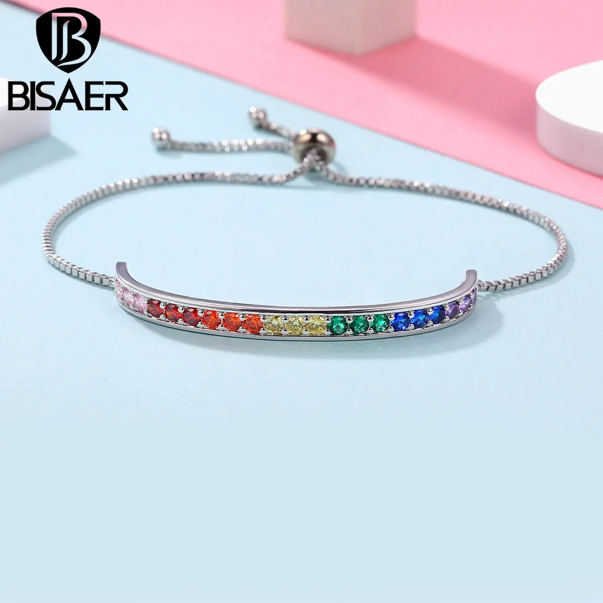 

BISAER Popular Silver Color Rainbow Crystal Stamp Strand Link Bracelet Lace up Bracelets for Women Bracelet Fine Jewelry GSB036