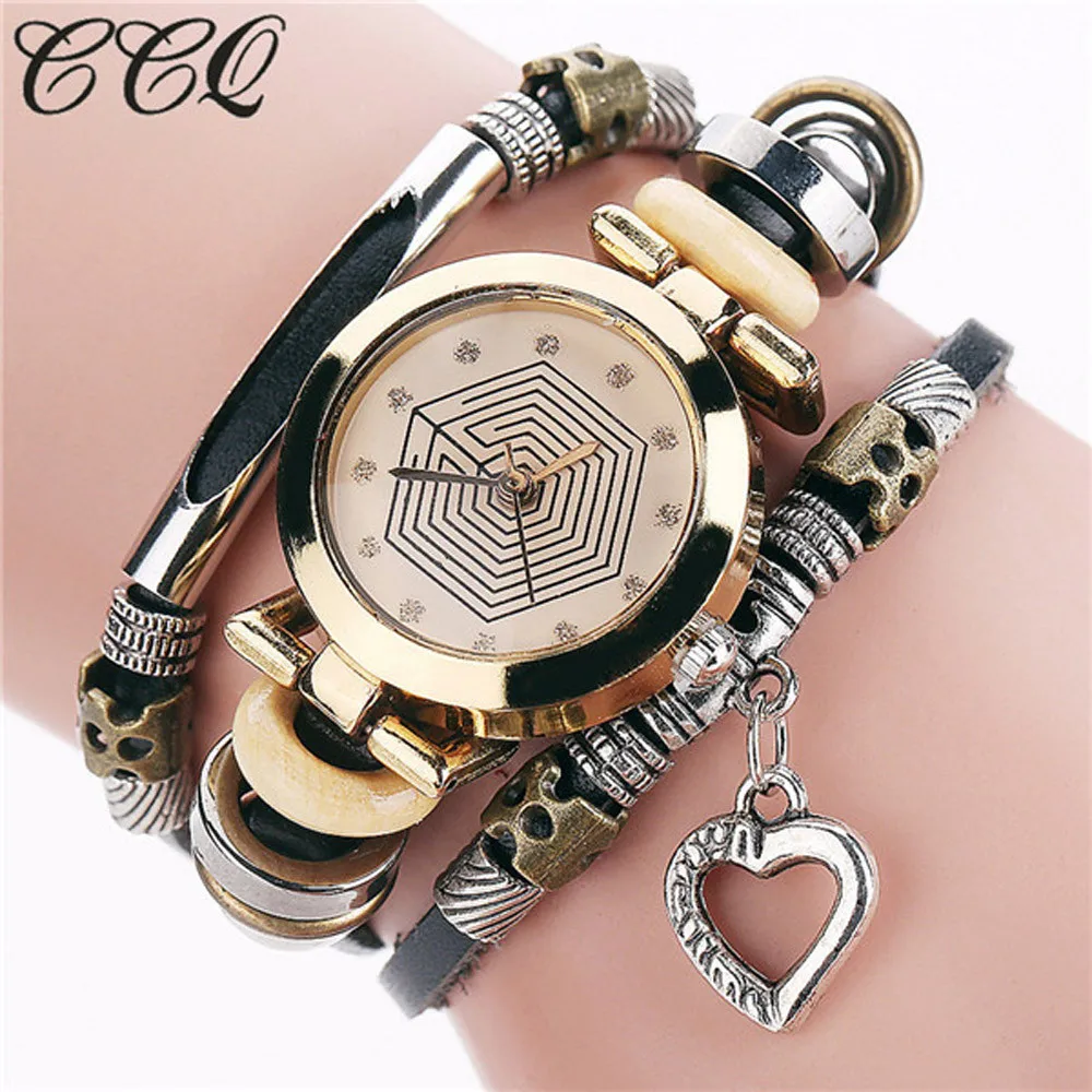 

Fashion Vintage Women Watch Leather Bracelet Watches Casual Love Heart Pendant Quartz Wrist Watch Ladies Clock Montres Femme #B