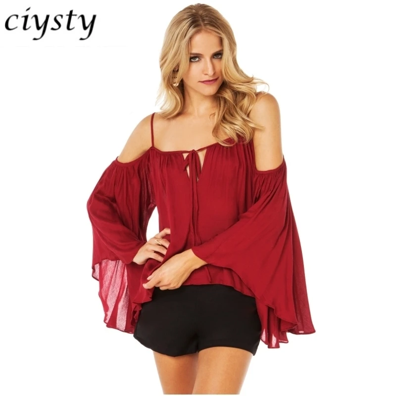 Women's Summer Blouses Off shoulder Flare sleeves Tops Female Wine Red Slash Neck Chiffon Ruffle Blouse And Shirts For Women |