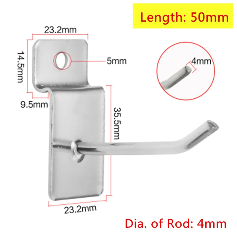 Витринные крючки холоднокатаные стальные крючки для настенных панелей одиночные крючки навесные на стену для супермаркета магазина вешалки для витрины в магазин зубец вешалка - Цвет: Dia.4mm L50mm