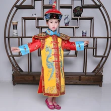 Роскошное детское Китайский традиционный ханьфу платье для женщин девочек королева сценическая желтая одежда костюмы костюм Тан детский халат+ шляпа