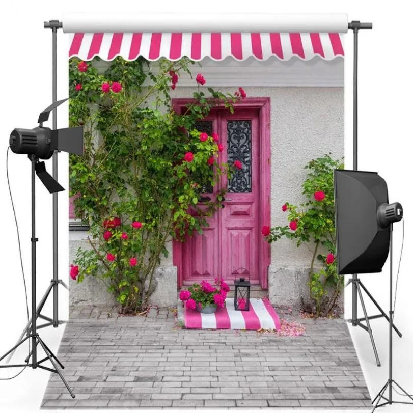 Pink Door Red Flower Leaves Coastal Patio backdrop Vinyl cloth High quality Computer print party Photography Backgrounds | Электроника