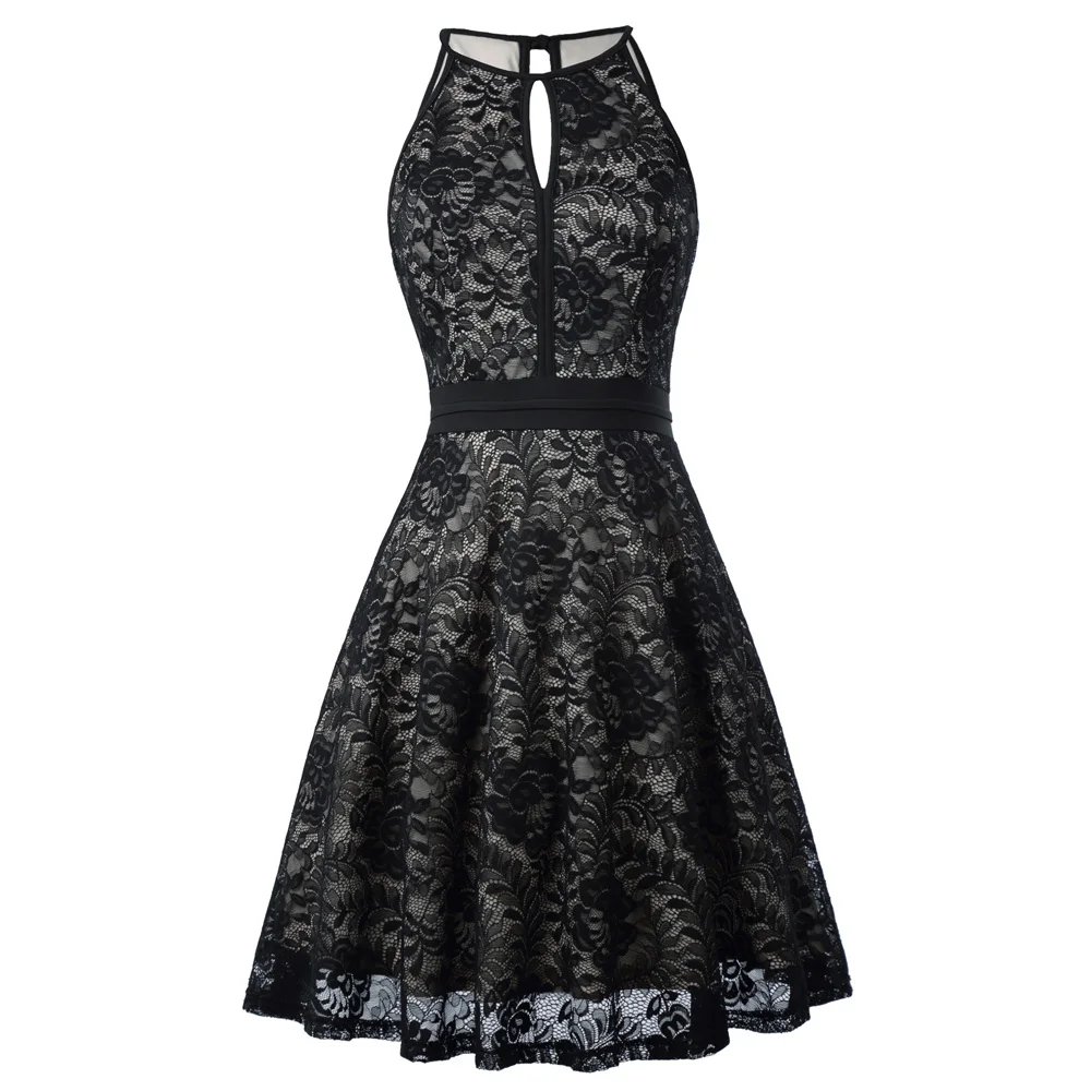 Женское винтажное вечернее платье без рукавов Элегантное Черное Кружевное