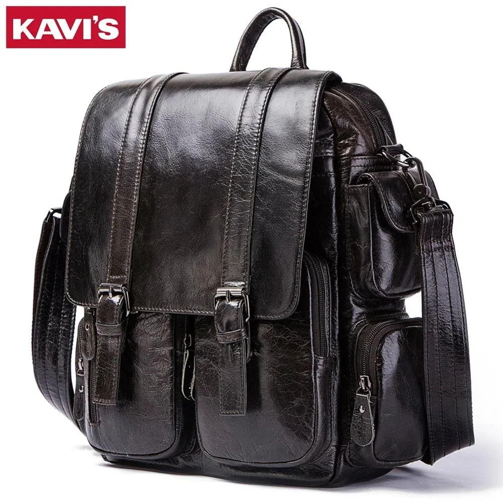 KAVIS черный натуральная кожа мужской рюкзак большой емкости для путешествий повседневная школьная сумка Школьный ранец для ноутбука