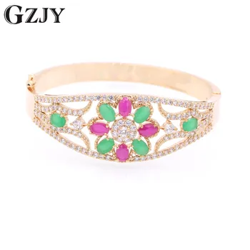 

GZJY Fashion Cubic Zirconia Bangles For Women Big Flower Champagne Gold Color Cuff Charm Bracelets Bangle Statement Gifts