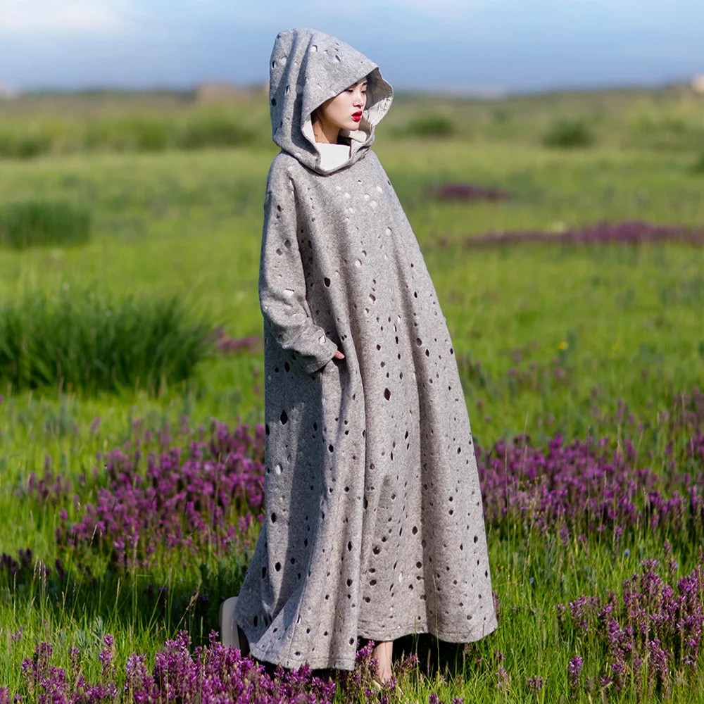 MM040 Fall Winter 2016 vintage oversized losse lange mouwen maxi katoen en linnen liner hooded hol wol jurk gewaad vrouwen