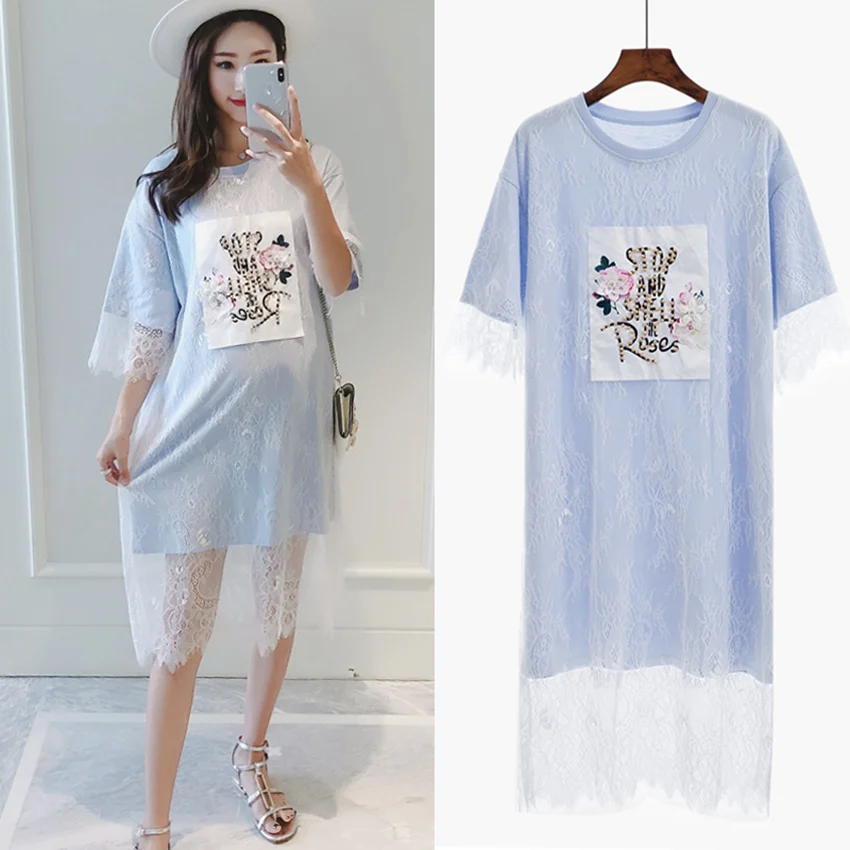 

Beaded pregnant women dress summer 2019 new fashion lace Korean short sleeve loose letter print pregnancy skirt