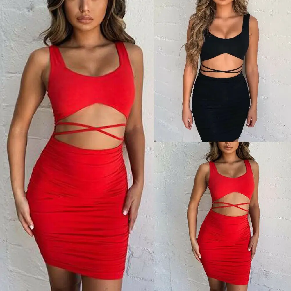 

2019 New Sexy Woman Sleeveless Solid Color Hollow Out Bandage Bodycon Mini Dress Club Wear Party Dresses Summer Clothes