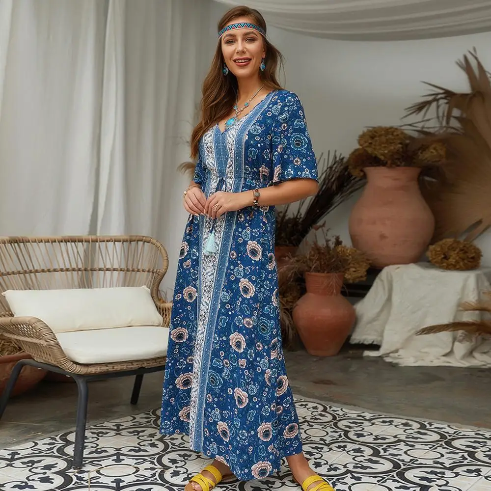 Женское платье женские летние винтажные модные, по щиколотку макси с принтом Boho Длинные повседневные свободные