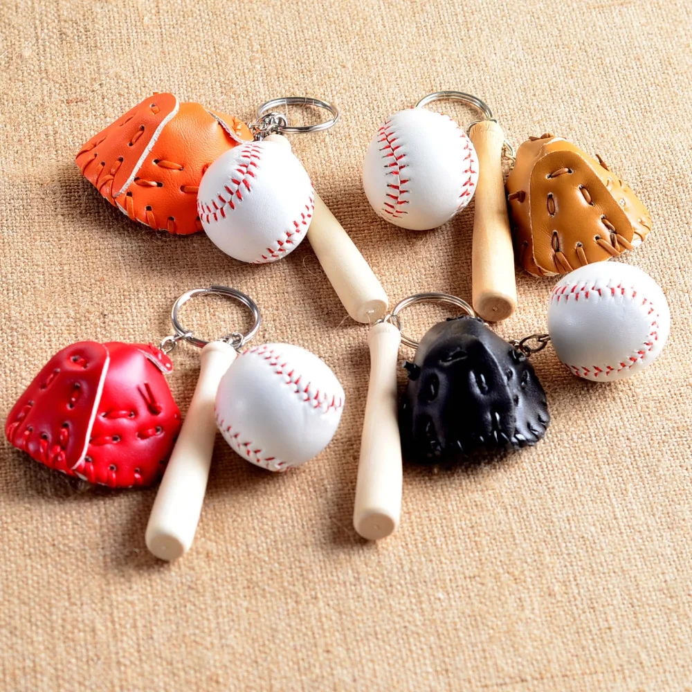 

5 PCS Fashion 3D Cheap Mini Three-piece Baseball Glove Bat Wooden PU Leather Keychain Sport Car Key Chain Ring Gift Wholesale