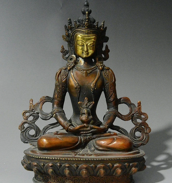 

8" China Buddhism Pure Bronze Gilt Amitayus Longevity God Buddha Goddess Statue