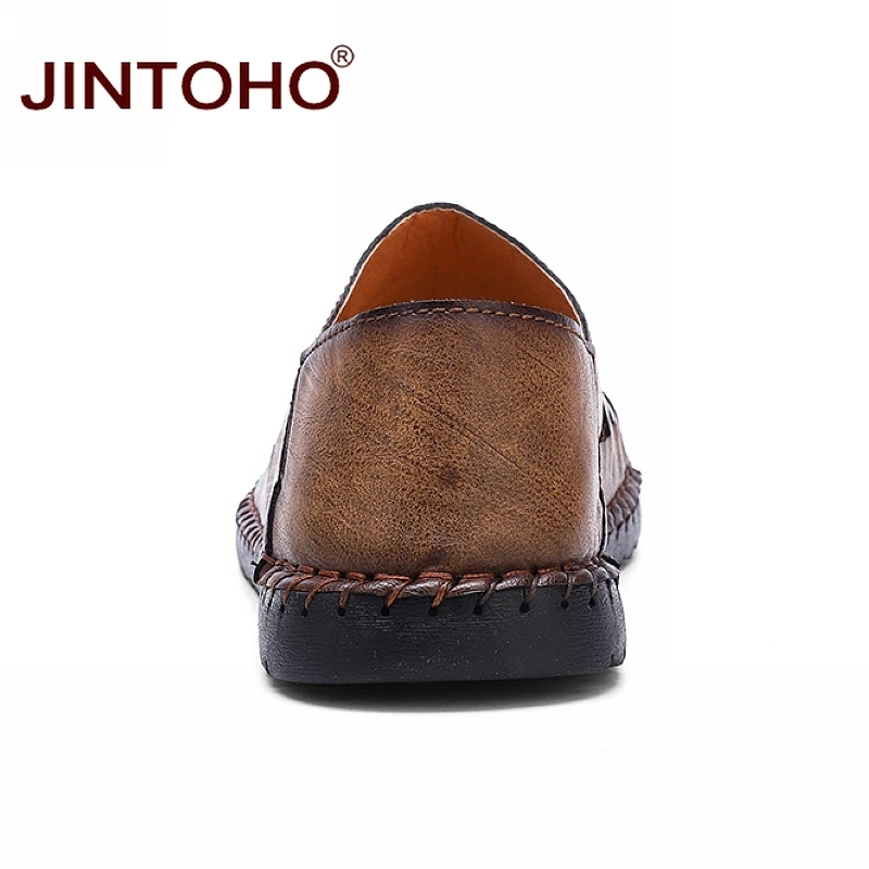 JINTOHO/высококачественные летние босоножки из натуральной кожи; модные повседневные сандалии на плоской подошве; летняя пляжная обувь; мужские пляжные сандалии