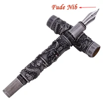 Jinhao Vintage Ancient Gray Fountain Pen Double Dragon Calligraphy Fude Nib Metal Carving Embossing Heavy Pen Collection jinhao ancient grey two dragon playing pearl 18kgp nib fountain pen temple of heave