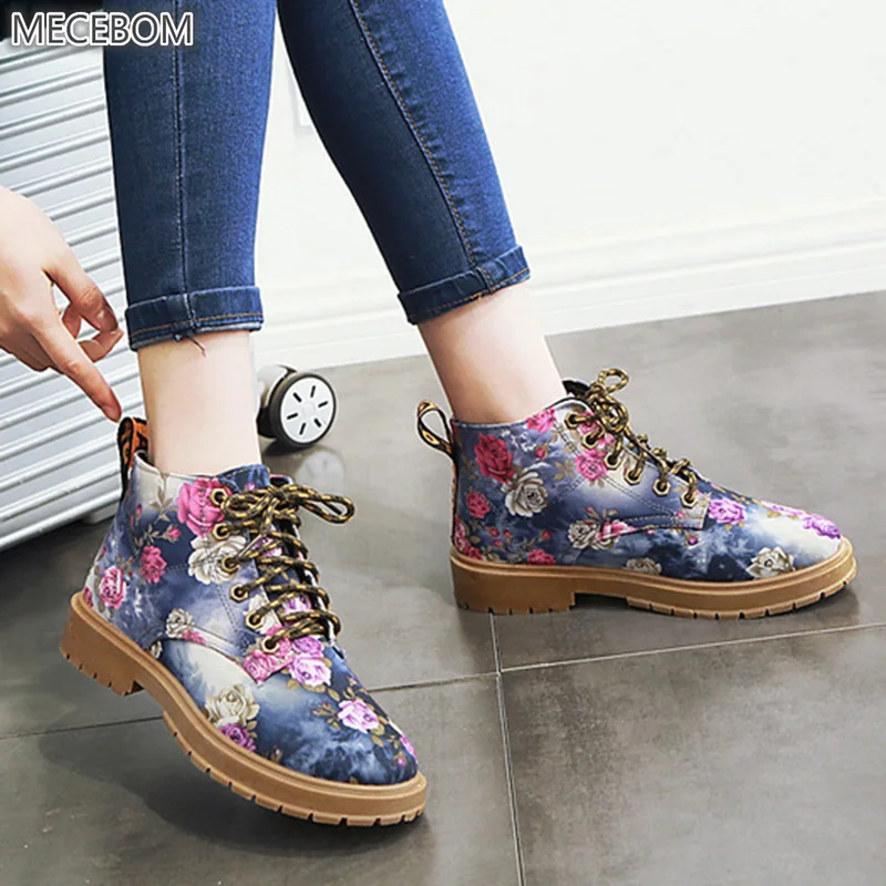 

Mecebom 8808W Women Winter Shoes Canvas Motorcycle Wedge Ankle Flower Snow Boots Female Warm Flats Vintage Platform Botas Mujer