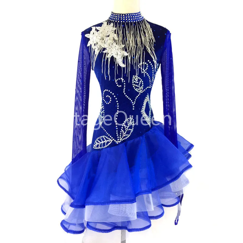 

Синее платье для латинских танцев es женское высококачественное платье для Сальса Румба Самба танцы юбка Леди бахрома латинское платье для спортивных танцев