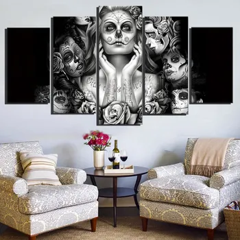 

Custom Modern Giclee Canvas Print Wall Art Abstract Painting Girl Flower Sugar Skull Canvas Painting Home Office Decor Artwork