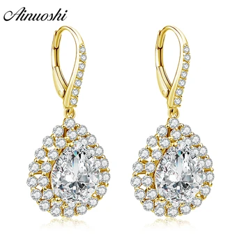 

AINUOSHI 14K Solid Yellow Gold Drop Earring SONA Diamond 6ct Pear Cut Click Back Earring Women Jewelry Gift Droplet Halo Earring