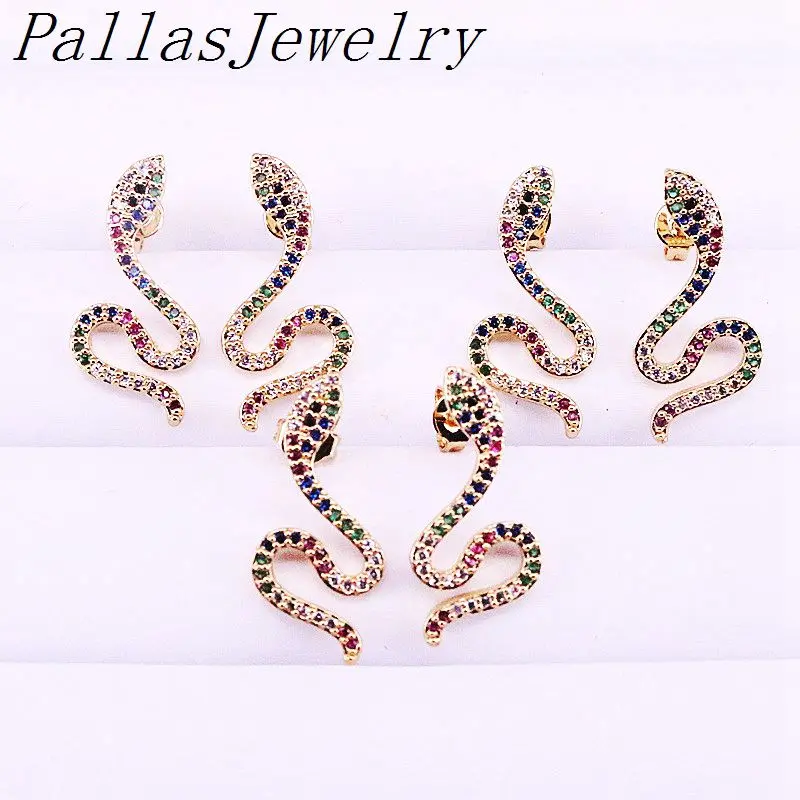 5Pairs New fashion Micro Pave Rainbow Cz Zirconia Gold Filled Snake Stud Earrings Colorful Delicate Top Quality Jewelry