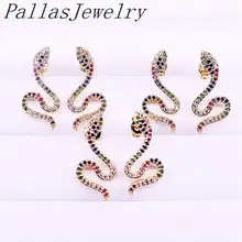 5Pairs New fashion Micro Pave Rainbow Cz Zirconia Gold Filled Snake Stud Earrings Colorful Delicate Top Quality Jewelry